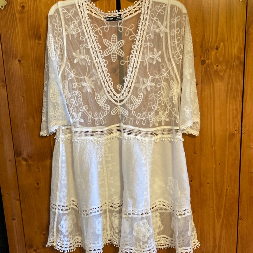 Shein swimsuit lace stitched cover-up, NWOT, never worn. No stains or tears.
